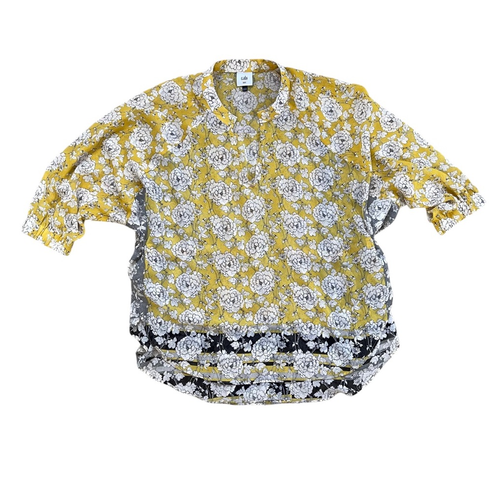 ✨ CAbi Amelia Gather Blouse Marigold Yellow Floral Semi Sheer Top XXS